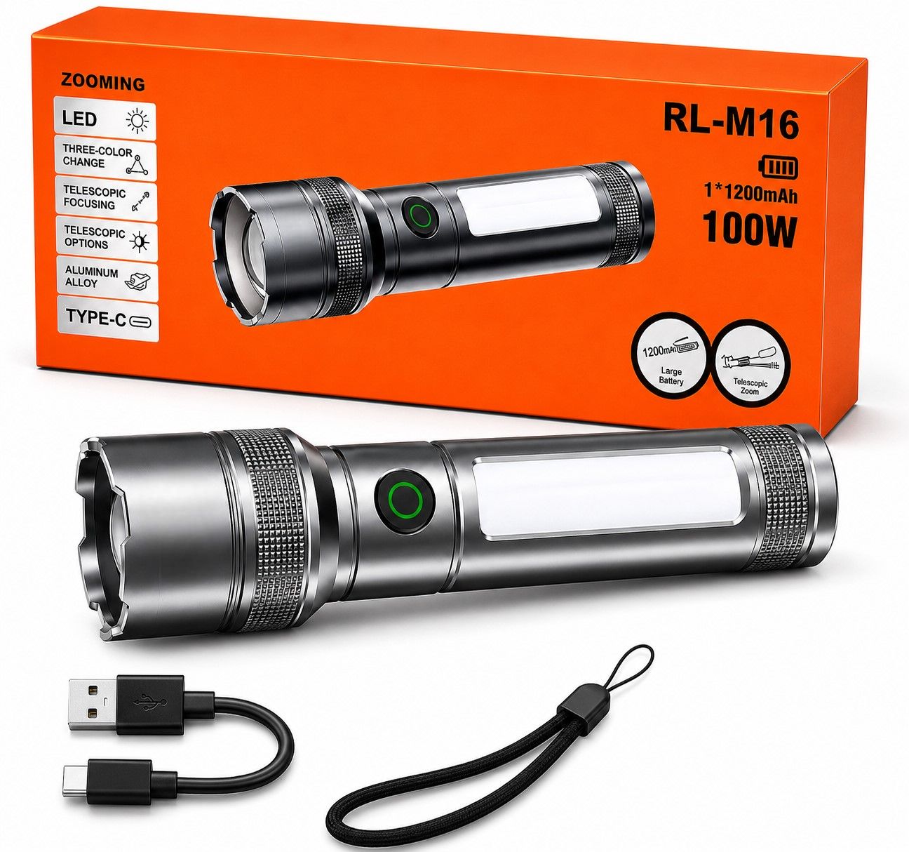 1000M Metal Flashlight with Built-in Battery, USB Charging Cable, Side LED Light 4 hrs Torch Emergency Light-image-47