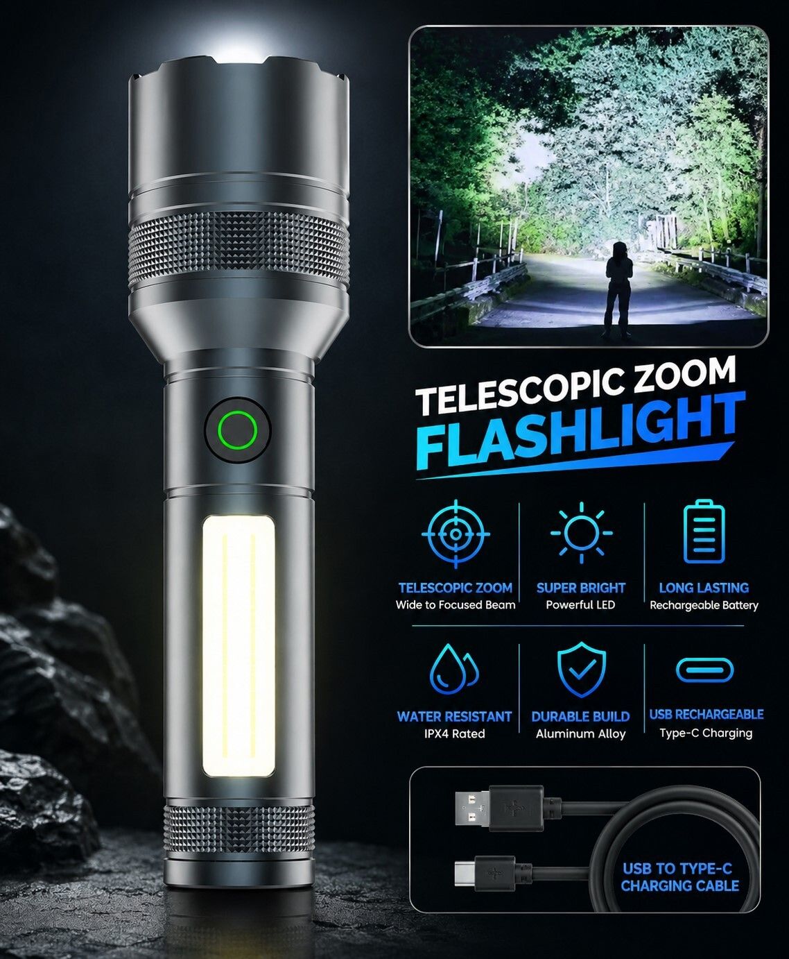 hymasa RL-M15 100W LED Flashlight with Zoom, Type-C Fast Charging, COB Side 4 hrs Torch Emergency Light-picture-27