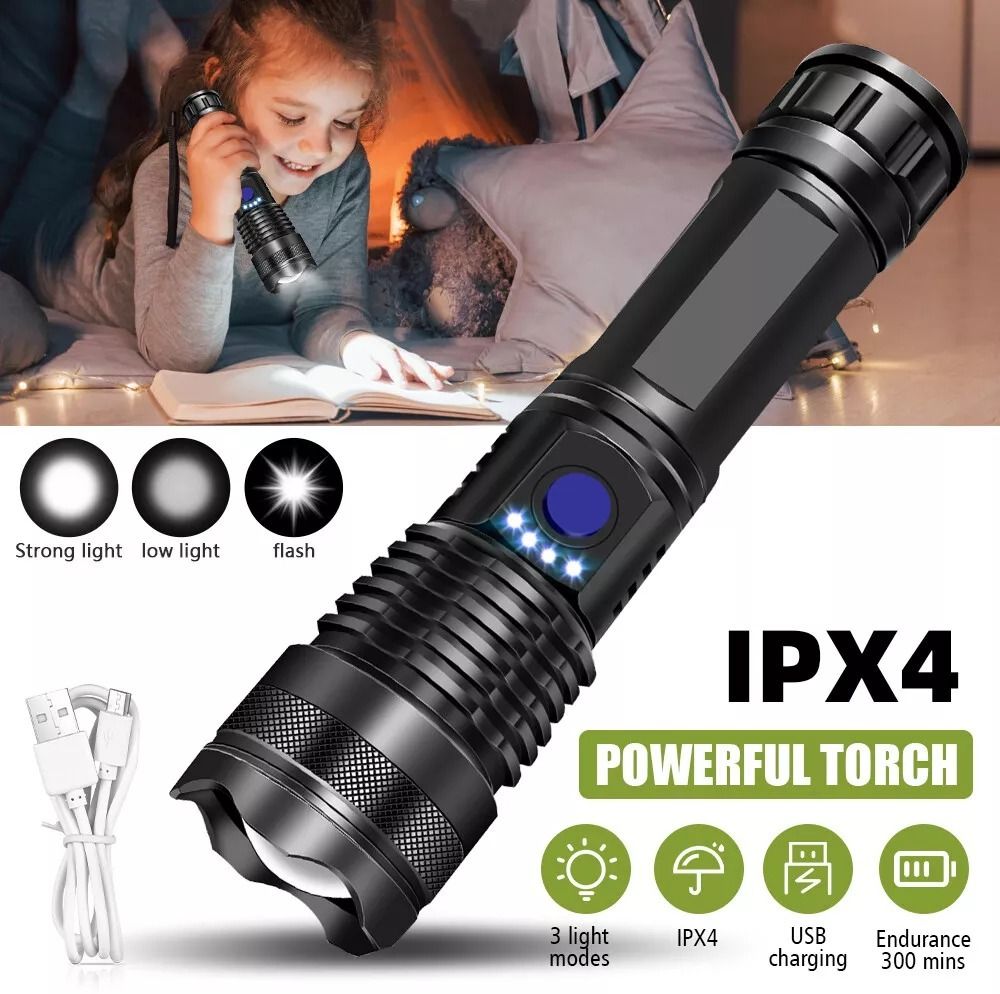 376 TORCH Bright 10000 Lumens, USB Rechargeable Powerful XHP70 Zoomable Power 8 hrs Torch Emergency Light-image-38