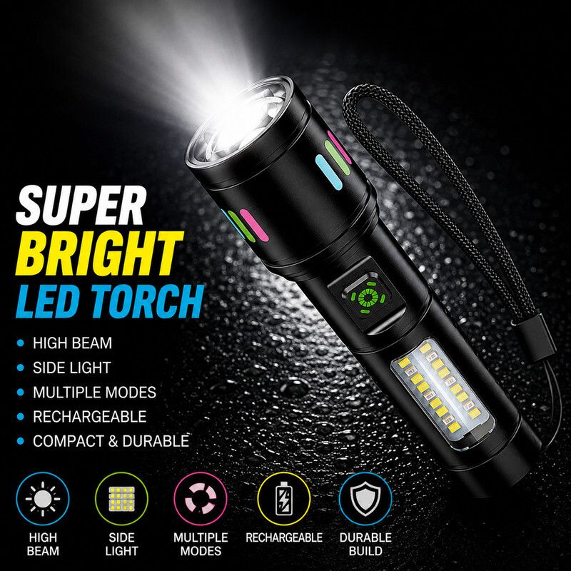 Super Bright Rechargeable LED Torch With Powerful High Beam And Side Light Torch-image-32