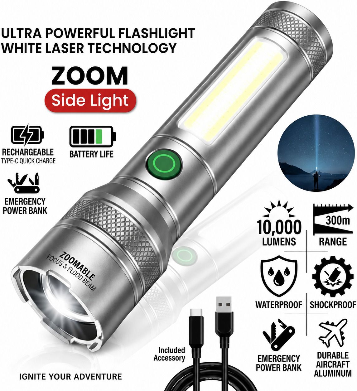 M15 LED Flash Light Rechargeable USB Charging Super Bright Torch Side COB Light 6 hrs Torch Emergency Light-image-8