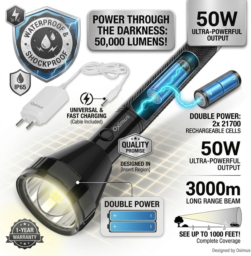 oximus Heavy Duty LED Flashlight | 50W High Output Long Range Super Ultra-Light Torch-picture-15