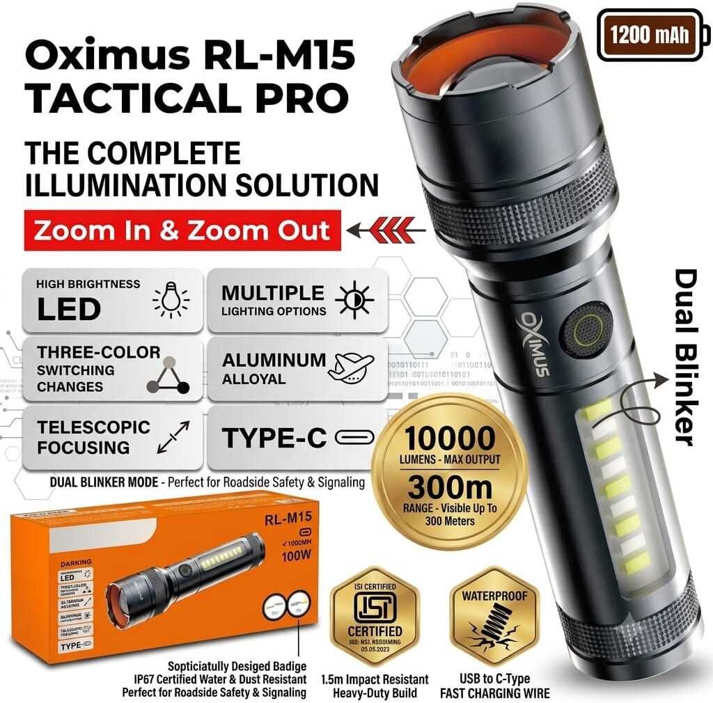 oximus Tactical Pro Flashlight | 10000 Lumens with Zoom & Dual Blinker LED Flashlight Torch-picture-25