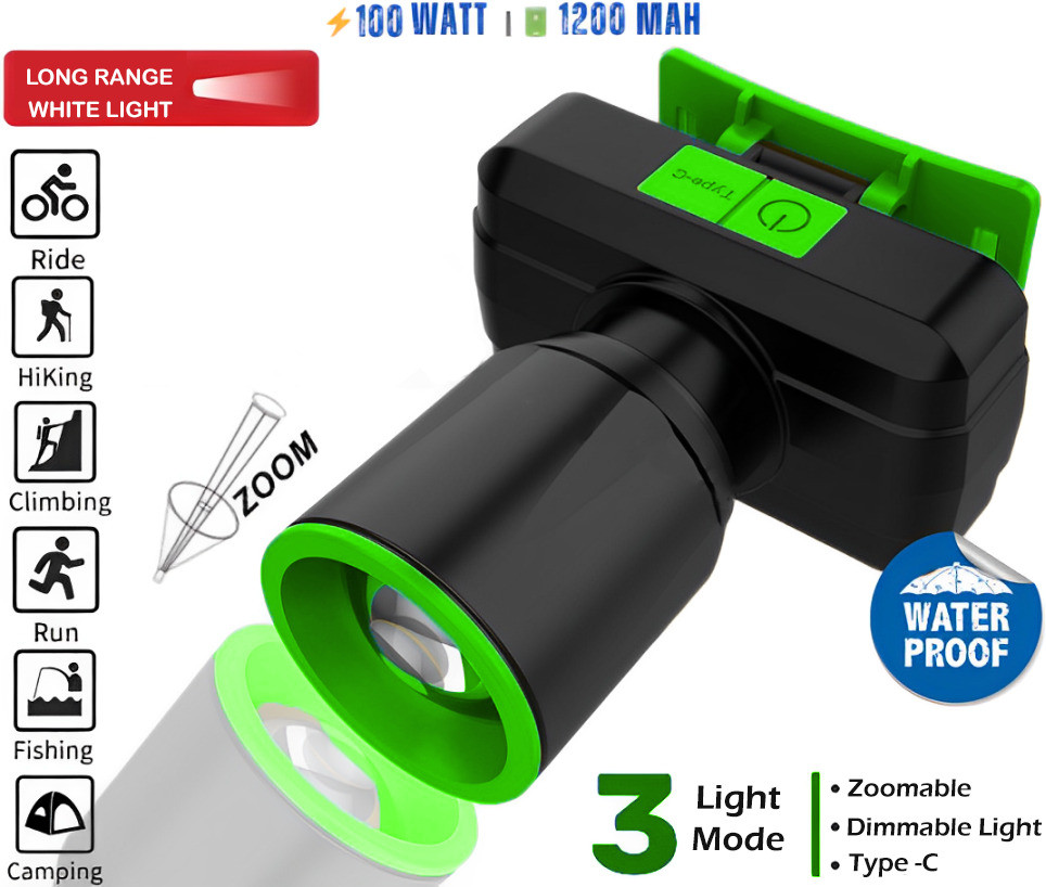 idoleshop 100W Rechargeable Head Lamp With 3 Mode Light Zooming With Head Adjustable LED Torch image 1