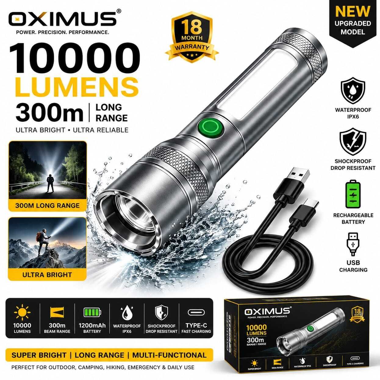 oximus Tactical Pro Flashlight | 10000 Lumens with Zoom & Dual Blinker LED High Power Torch-picture-31