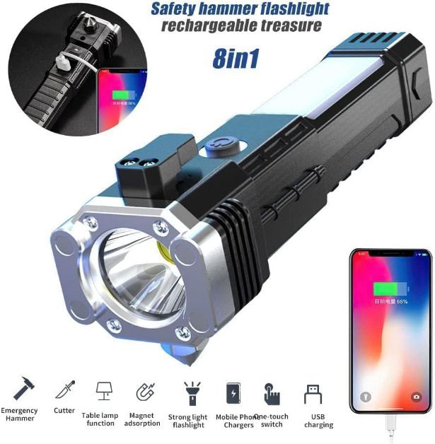 ® LED 3W Multicolor Glass Hammer & Cutter, Mobile USB Fast Charger Power Bank Torch