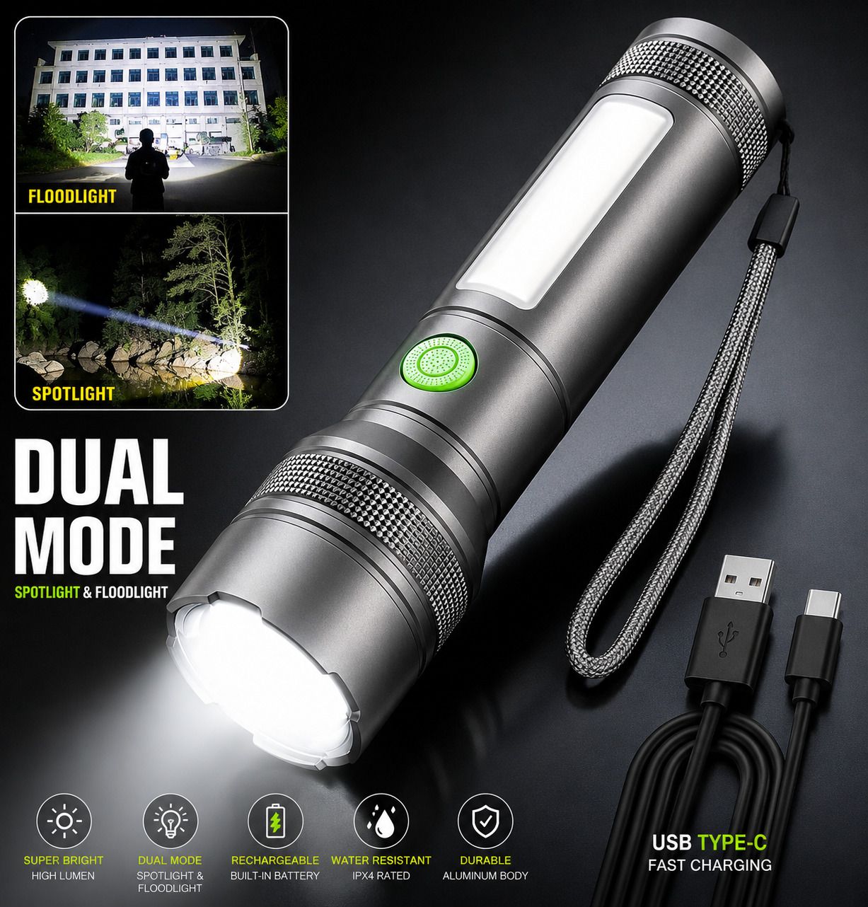 M15 Powerful Handheld Flashlight with Side Work Light 5 hrs Torch Emergency Light-image-47