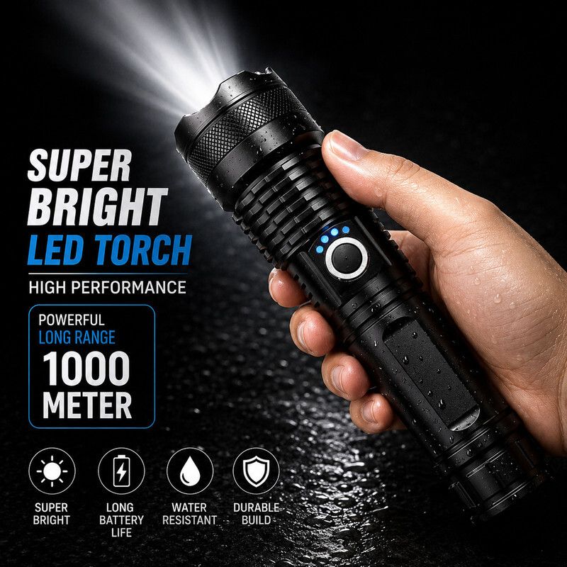 Super Bright Tactical LED Torch With Powerful Long Range Beam Performance 8 hrs Torch Emergency Light-image-5
