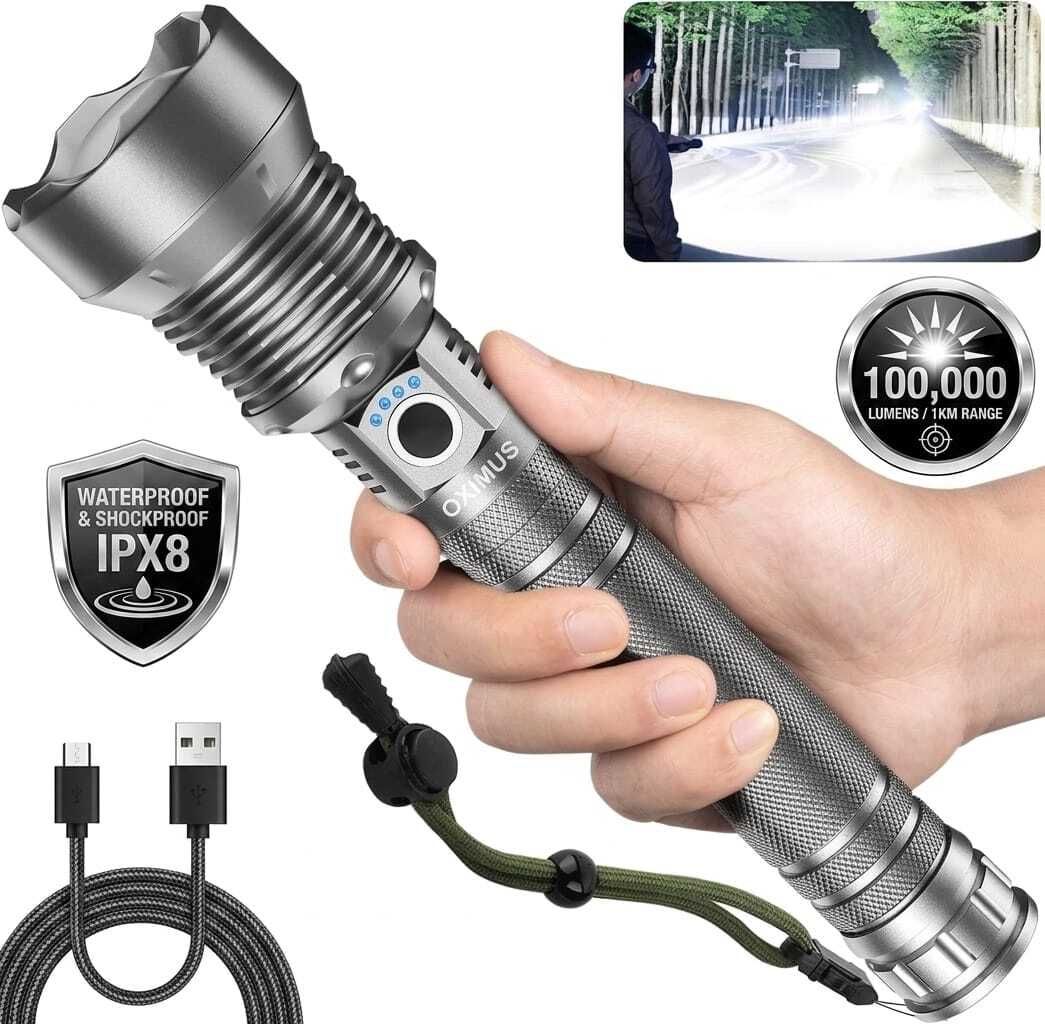 oximus 100000 High Lumens Tactical Super Bright Flashlight 5 Modes Fast Charge Outdoor Torch-picture-12