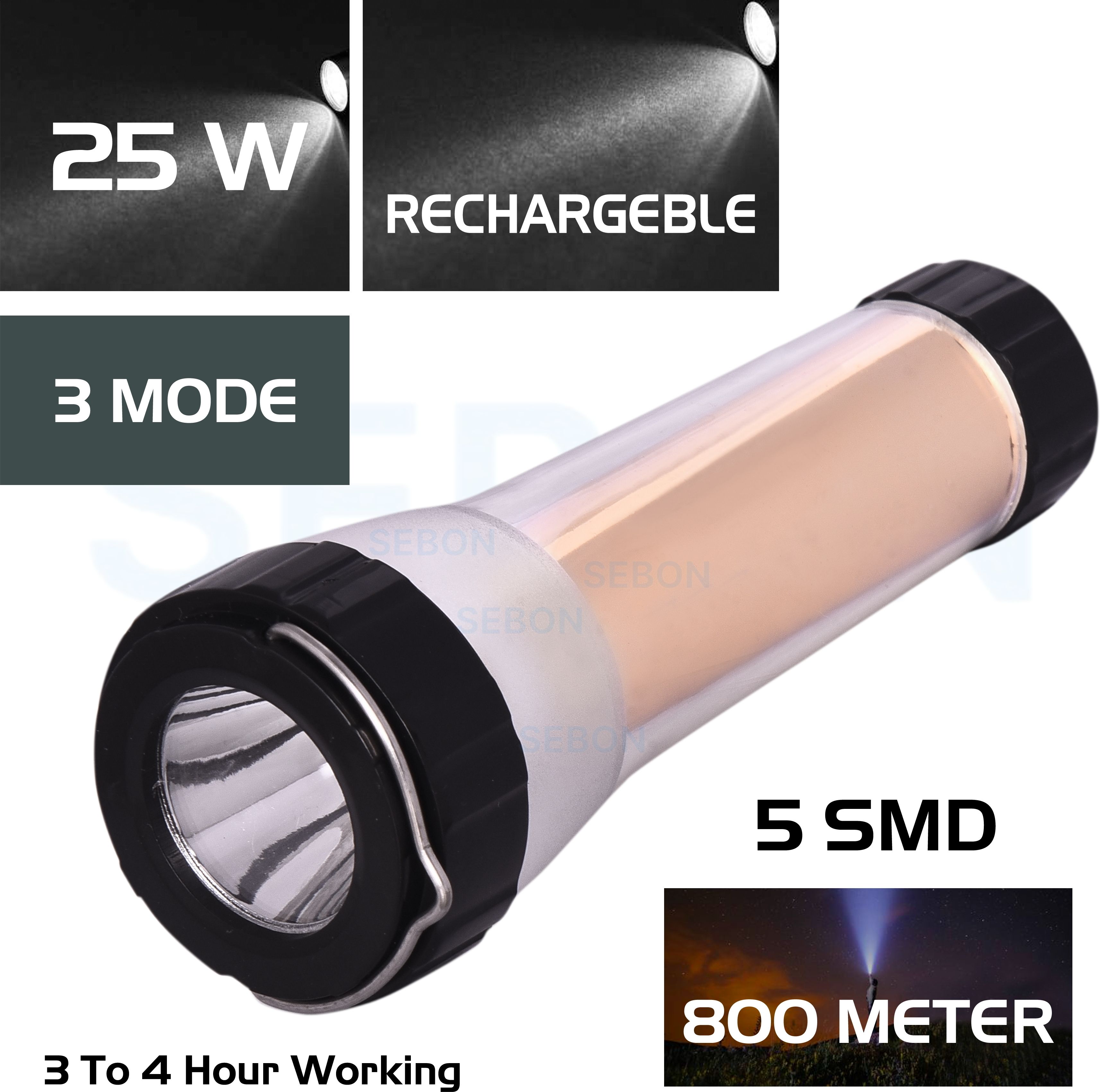 Rechargable 25W Pocket Friendly Led Torch With 4 SMD and 3 Modes - 10-C.M. Torch-image-5