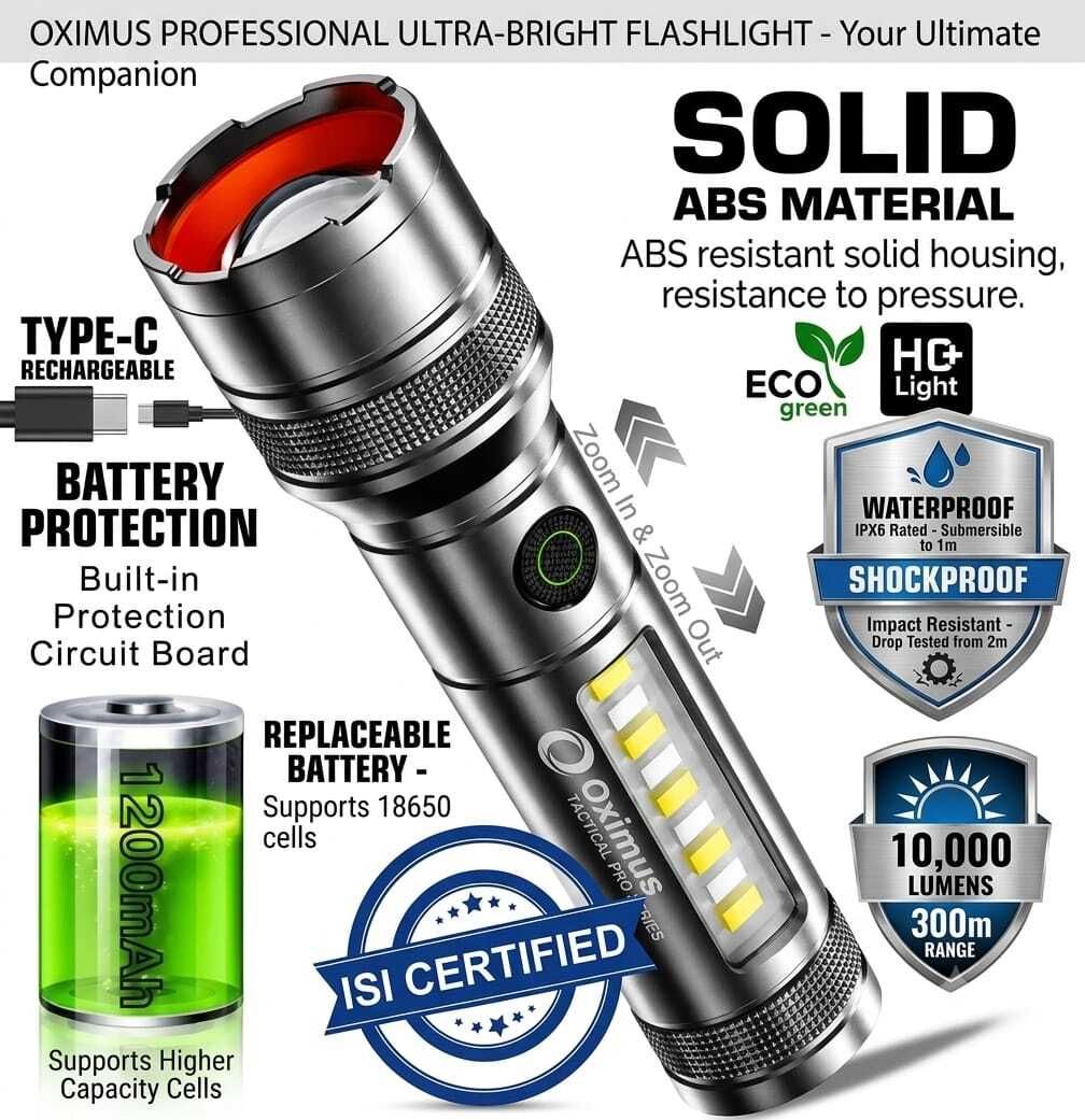 oximus Tactical Pro Flashlight | 10000 Lumens with Zoom & Dual Blinker LED Type-C USB Torch-picture-21