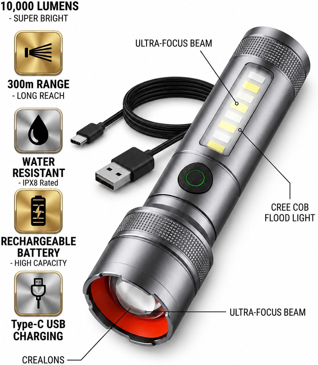 M15 High Power Rechargeable Torch Light 10000 Lumens 300M Beam Range Torch-image-20