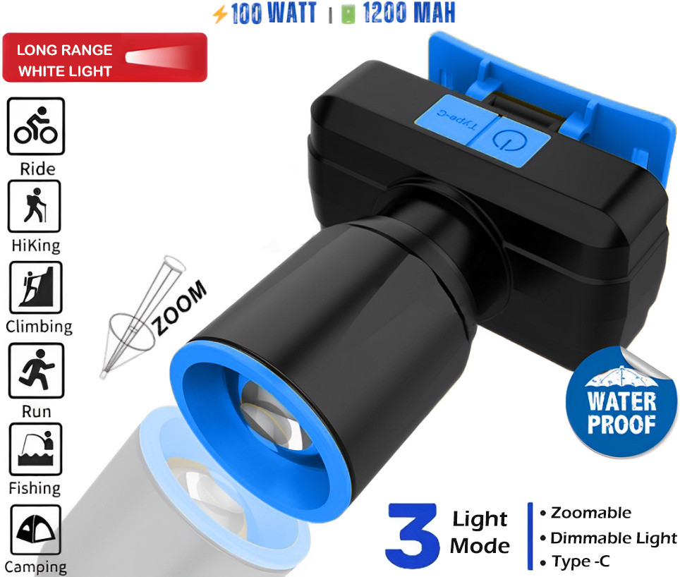 idoleshop 100W Rechargeable Head Lamp With 3 Mode Light Zooming With Head Adjustable LED Torch image 1