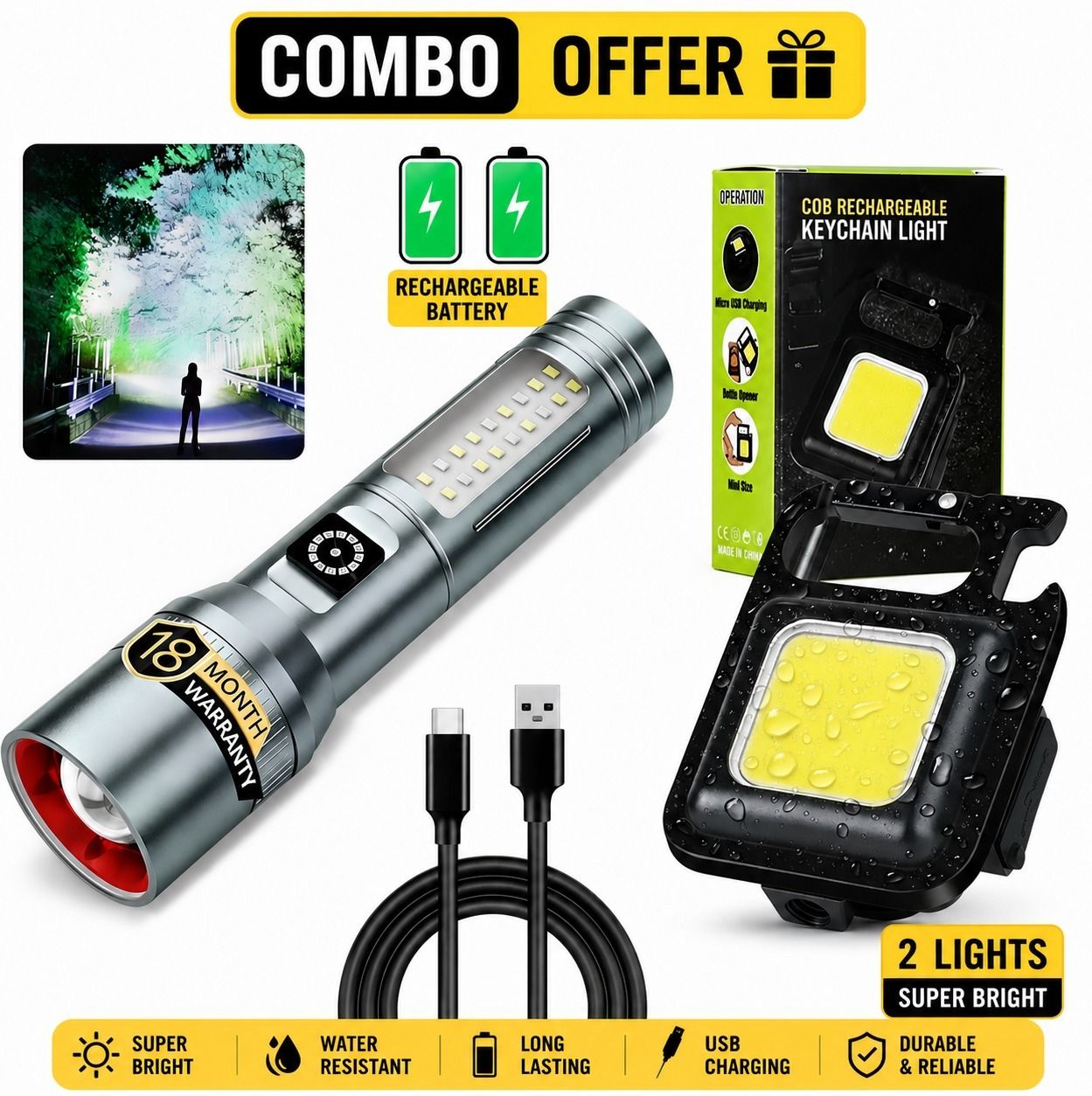 M15 Rechargeable Torch Combo Keychain Light USB Charging Super Bright Torch-image-47