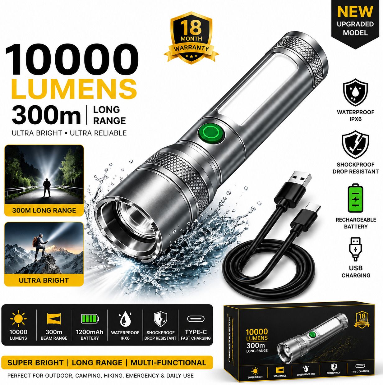 M15 Ultra Bright LED Flashlight 6 hrs Torch Emergency Light-image-3