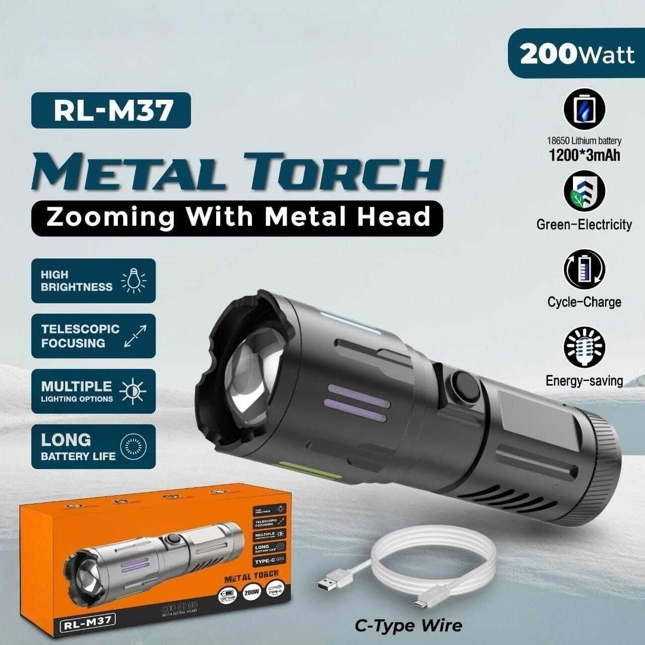 picstar RL-M37 200W LED Flashlight with C-Type Wire, Long Battery Life & Zoom Head Torch-picture-11