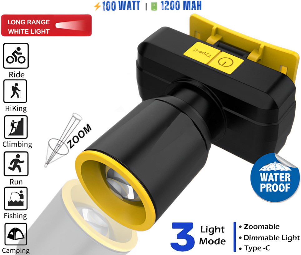 idoleshop 100W Rechargeable Head Lamp With 3 Mode Light Zooming With Head Adjustable LED Torch image 1