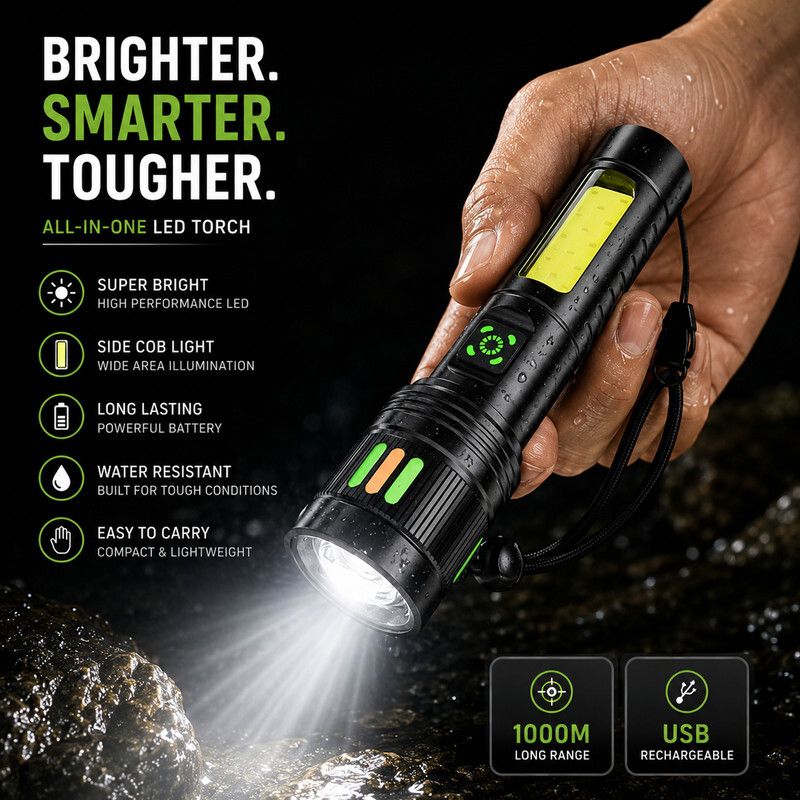 Smart Tactical Flashlight Combines High Beam Performance And Side COB Light 5 hrs Torch Emergency Light-image-29