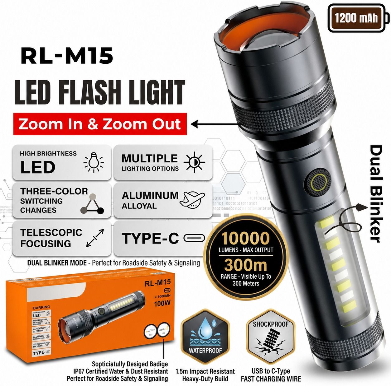 M15 Super Bright LED Torch Light Waterproof Rechargeable Emergency Flashlight 6 hrs Torch Emergency Light-image-13