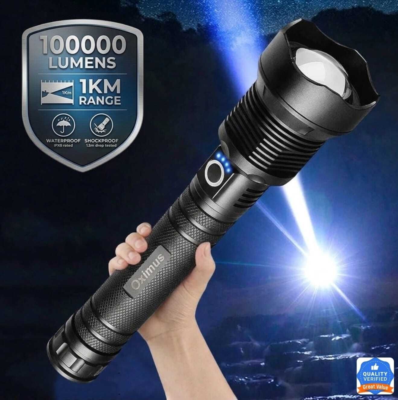 oximus Waterproof 100000 Lumens Charging Indicater 5 Modes, Medium / Low/ Sos Torch-picture-11