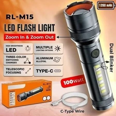 M15 Rechargeable LED Torch Light 1000LM, Long Range 1000M Metal Flashlight 4 hrs Torch Emergency Light-image-5