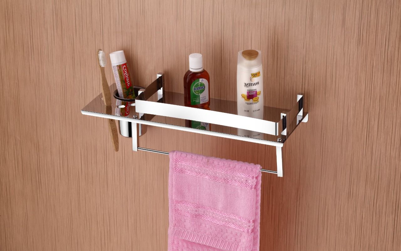 304 Stainless Steel 3 in 1 Bathroom Shelf/Towel Hanger/brush Holder(pack of 1) silver Towel Holder-image-20