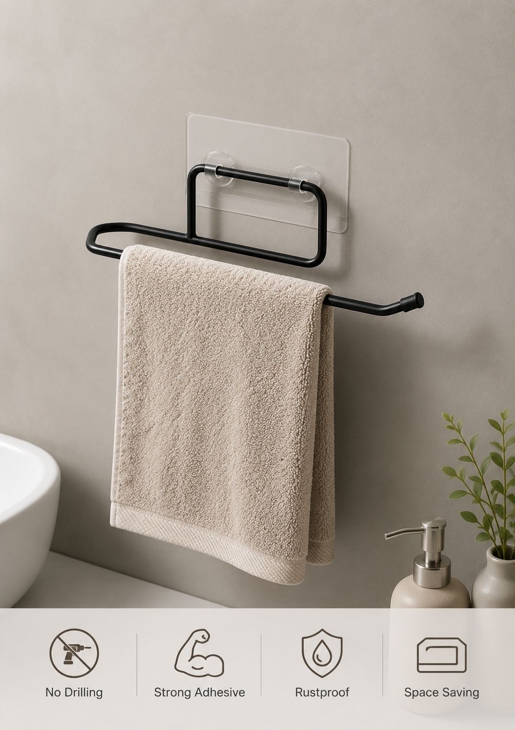 Self Adhesive Towel Holder Pack Of 2 Black Towel Holder-image-24