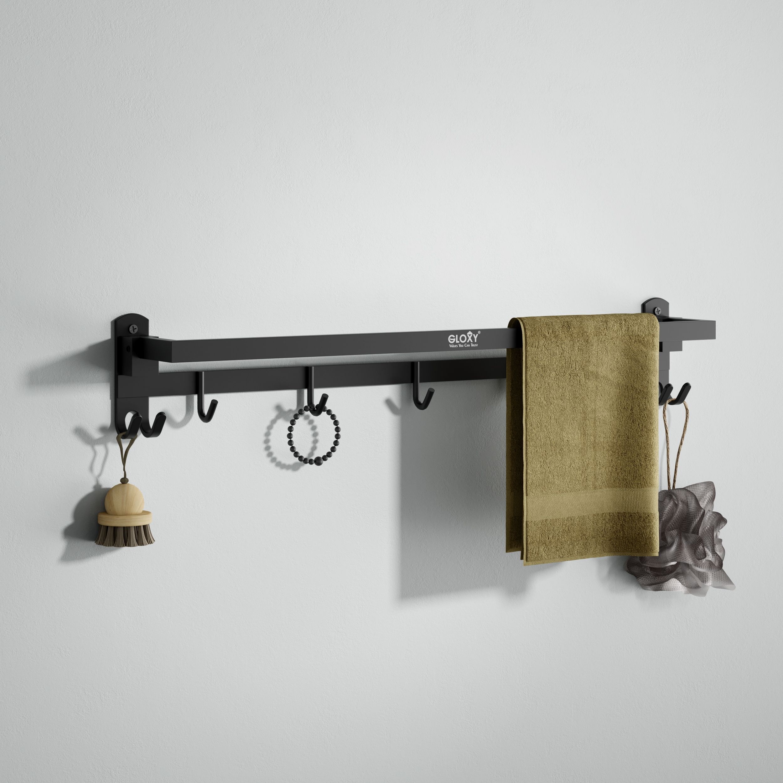 24 Inch Dual Foldable Towel Rack | Bathroom Towel Stand with Hooks & Hanger Black Towel Holder-image-9