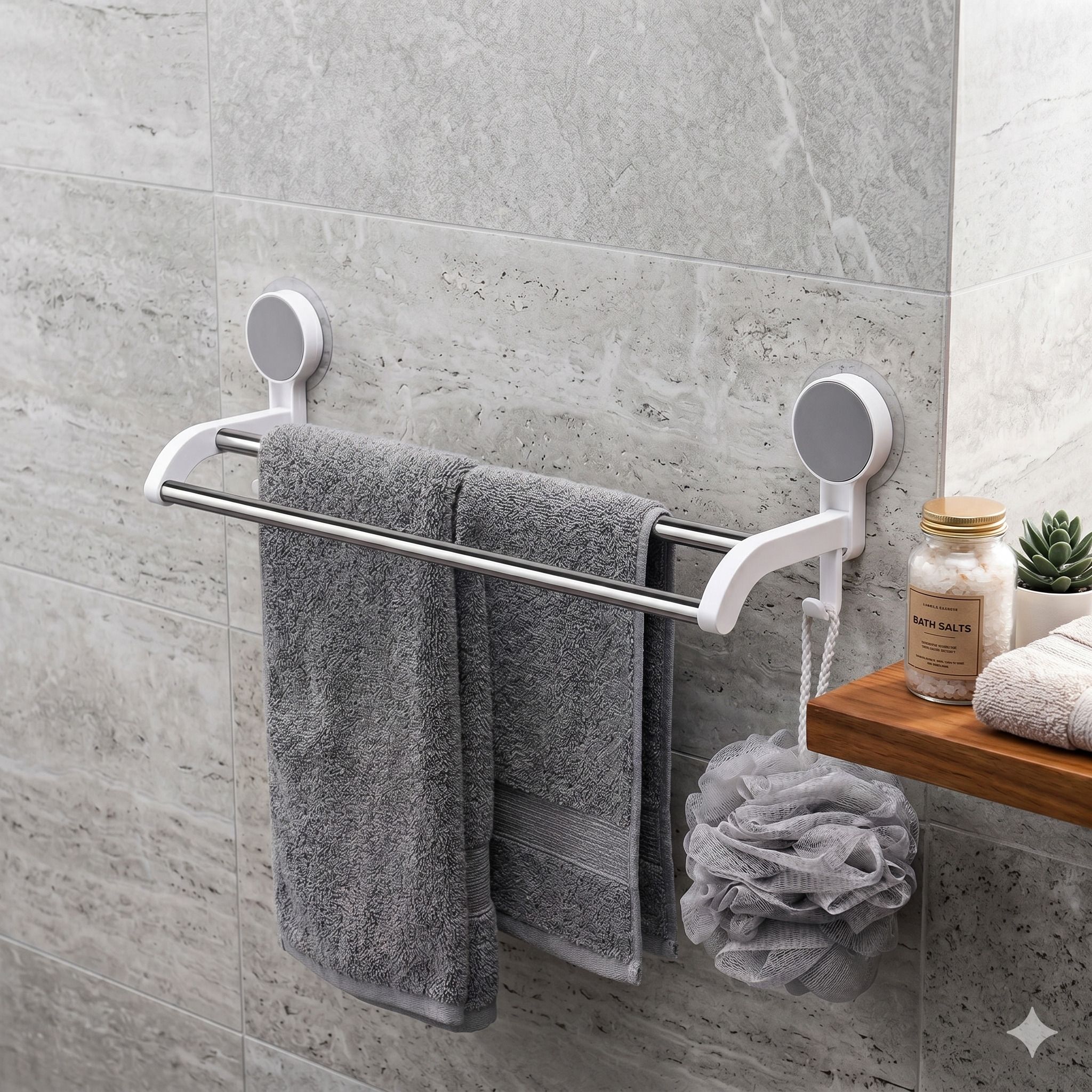 Self-Adhesive Double Towel Bar for Bathroom | No Drill Wall Towel Rack Classic White & Chrome Silver Towel Holder-image-6