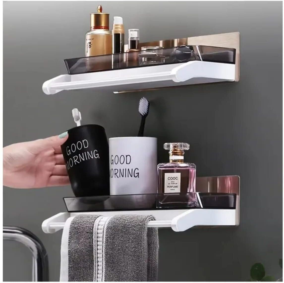 Wall Mounted Kitchen Shelf with Towel Holder Plastic Wall Shelf-image-42