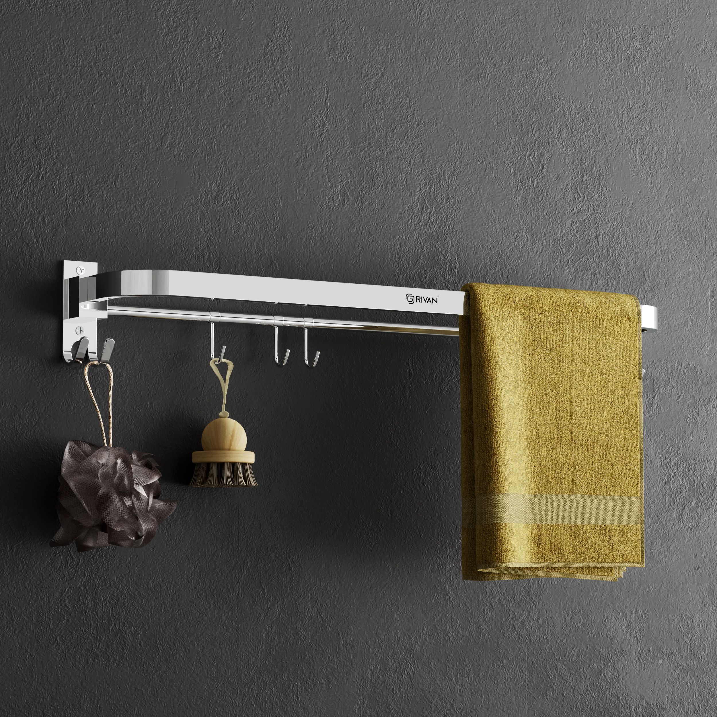 Modern Stainless Steel Folding Towel Rod with Hooks – Anti-Rust Cloth Hanger 24 inch 1 Bar Towel Rod-image-12