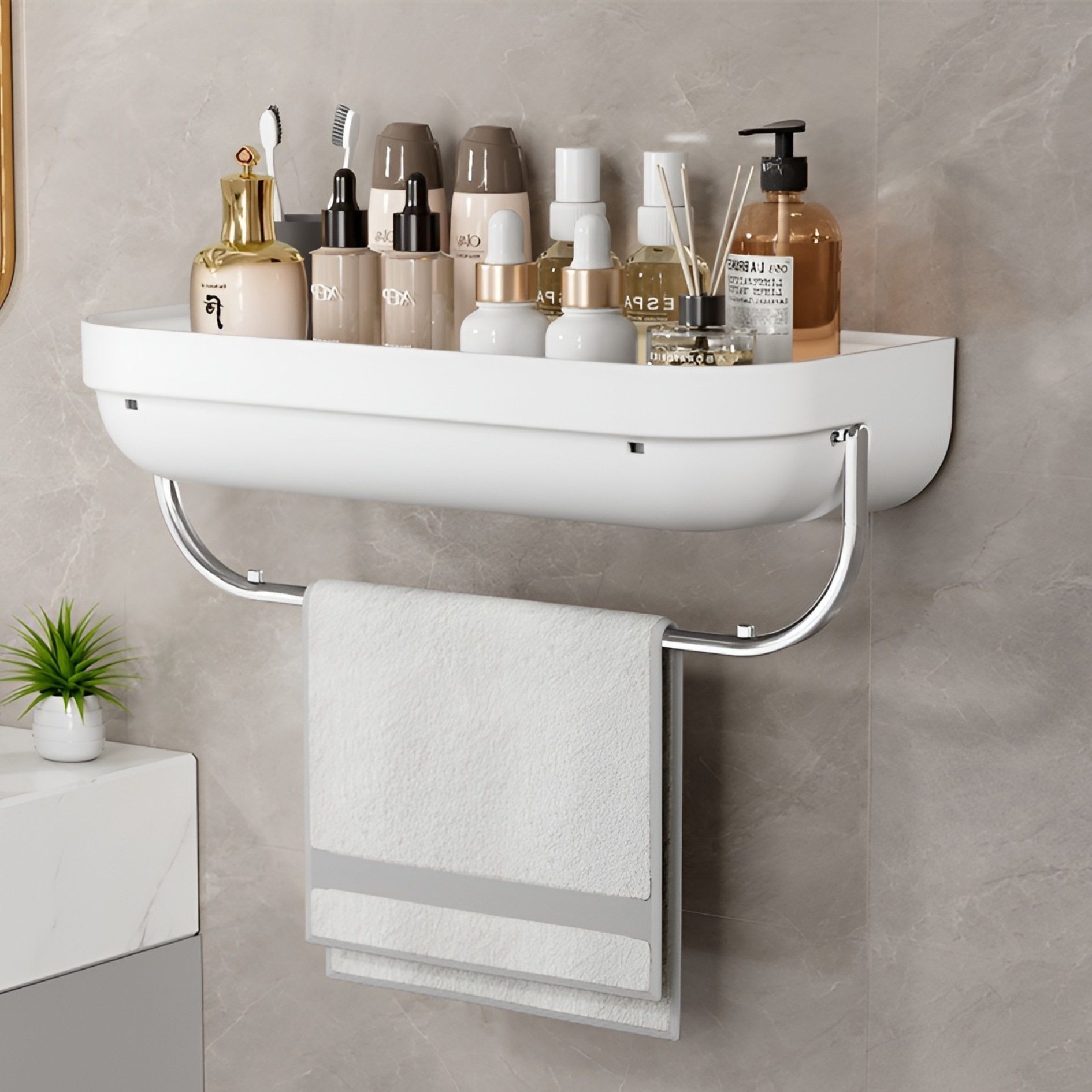 Bathroom Self Adhesive Shelf For Cosmetic Organiser White Towel Holder-image-5