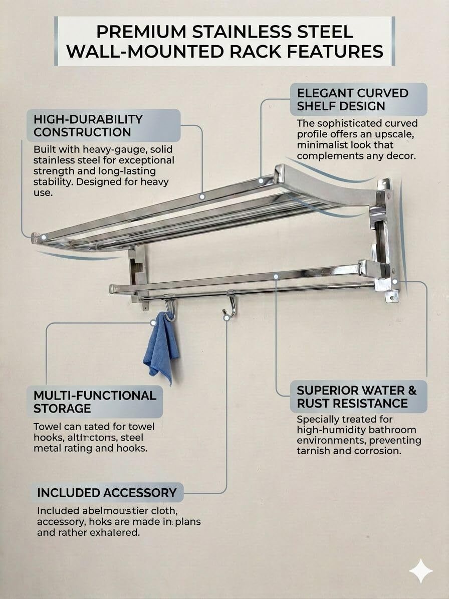 Stainless Steel Wall Mounted Rack With Towel Rod And Hooks For Bathroom Silver Towel Holder-image-35