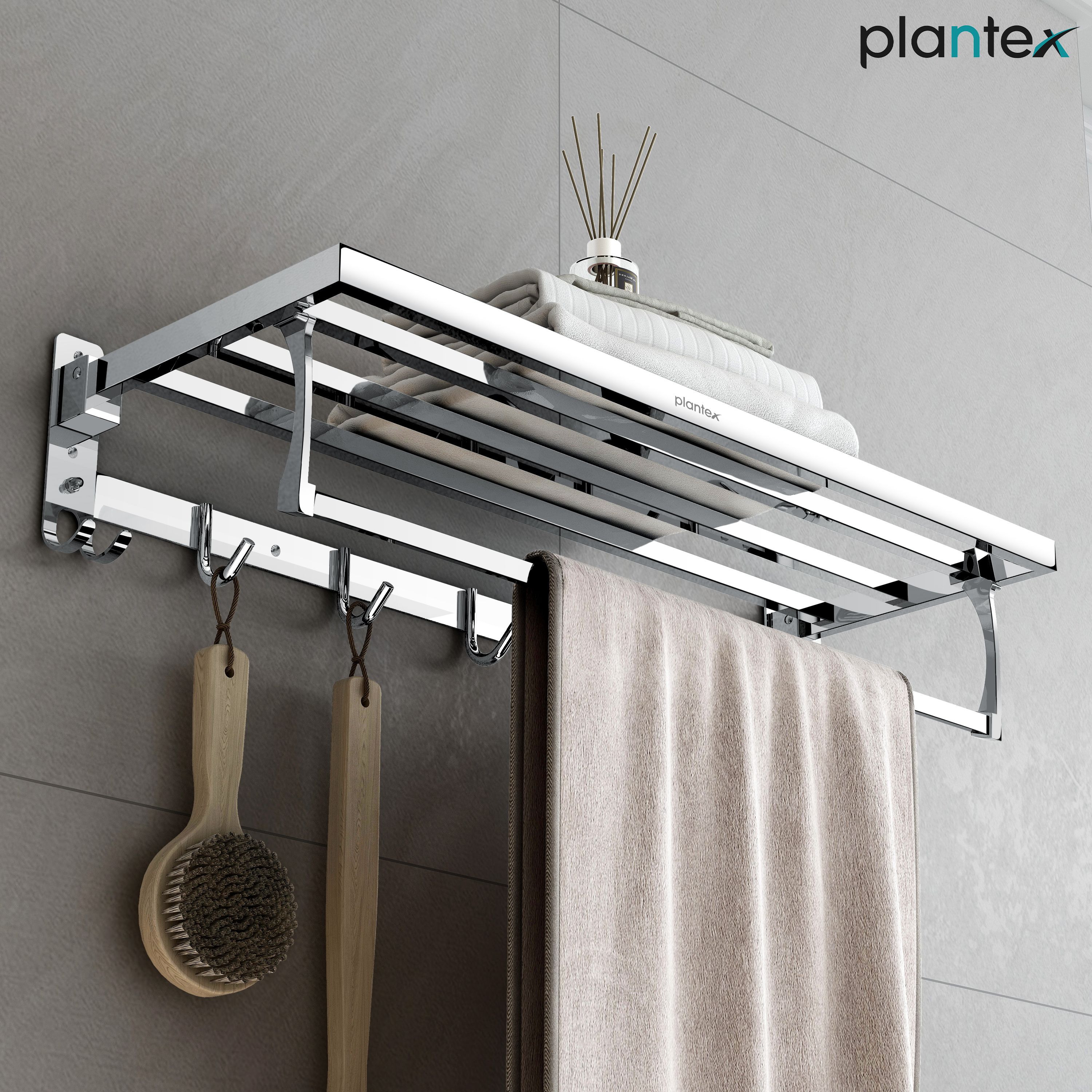 Folding Towel Rack with Hooks for Bathroom/24 Inch Towel Hanger/Towel Rod Silver-Chrome Towel Holder-image-47