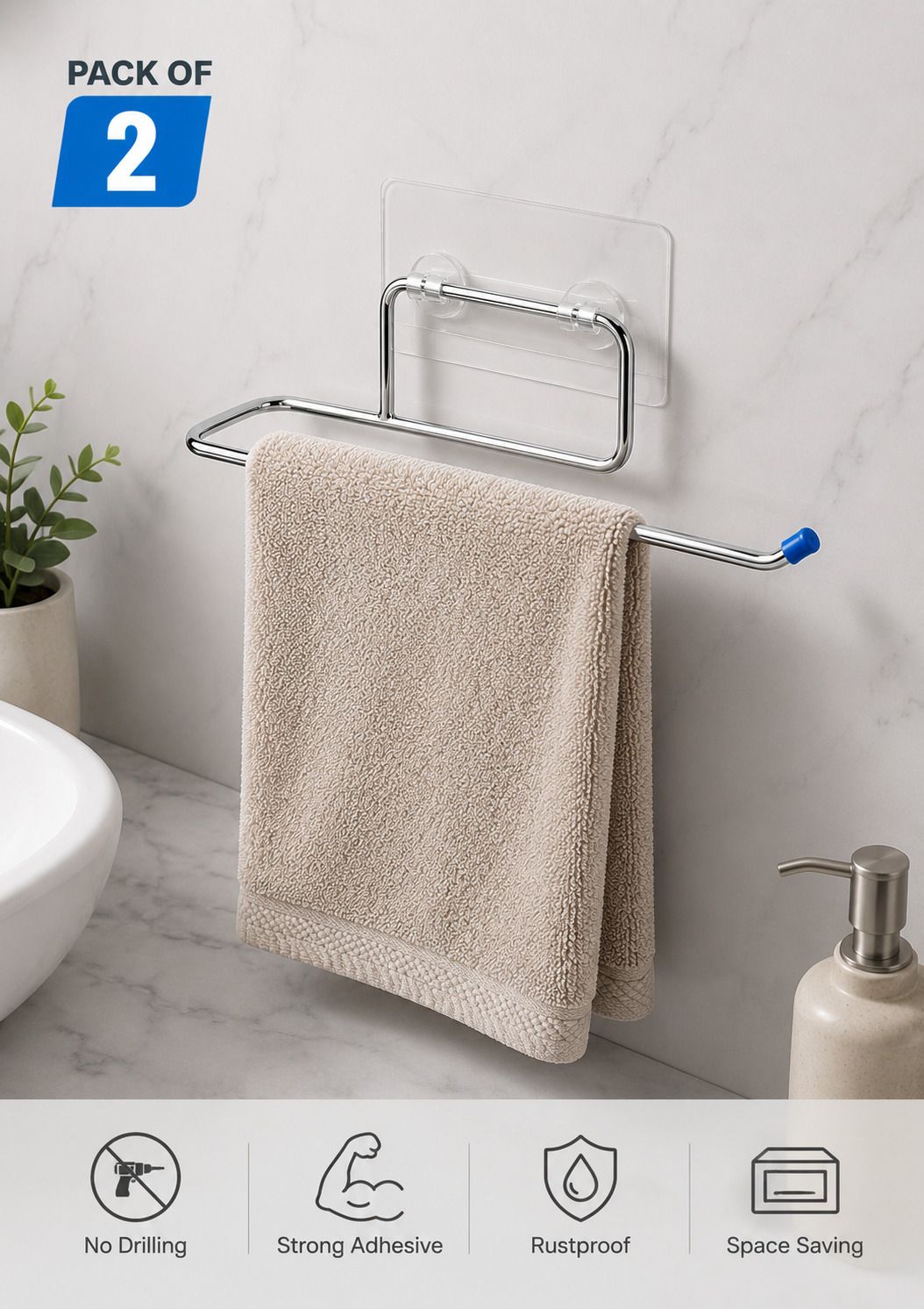 Self Adhesive Towel Holder For Bathroom And Kitchen Tissue Holder Pack Of 2 Stainless Steel Towel Holder-image-18