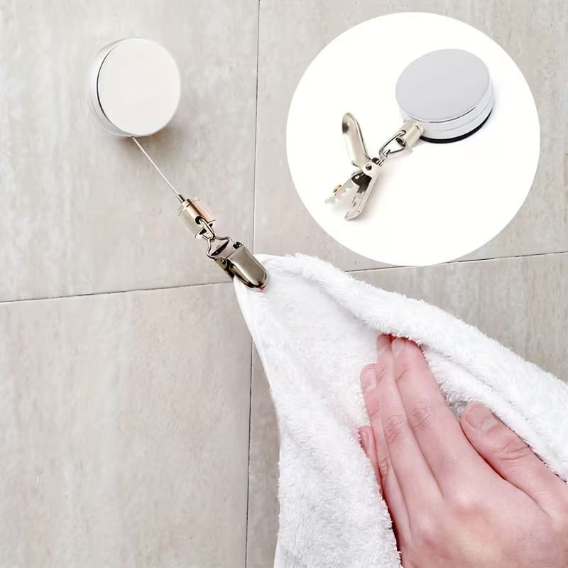 Retractable Towel Holder Wall Mount, Self Adhesive Pull Cord Towel Hanger White Towel Holder-image-1