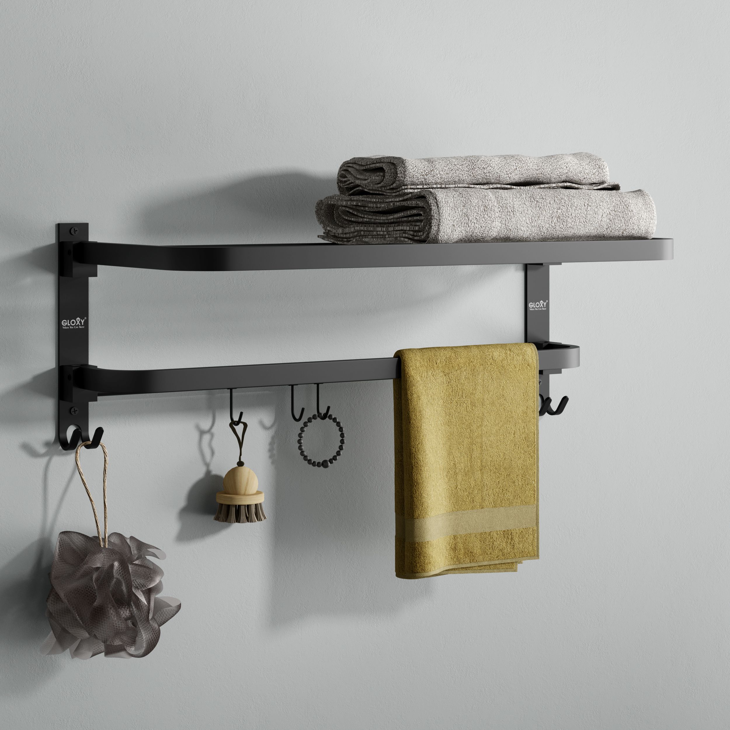 Towel Stand | Foldable Matte Black Towel Rack with Multiple Hooks Stainless Steel Toilet Paper Holder-image-10