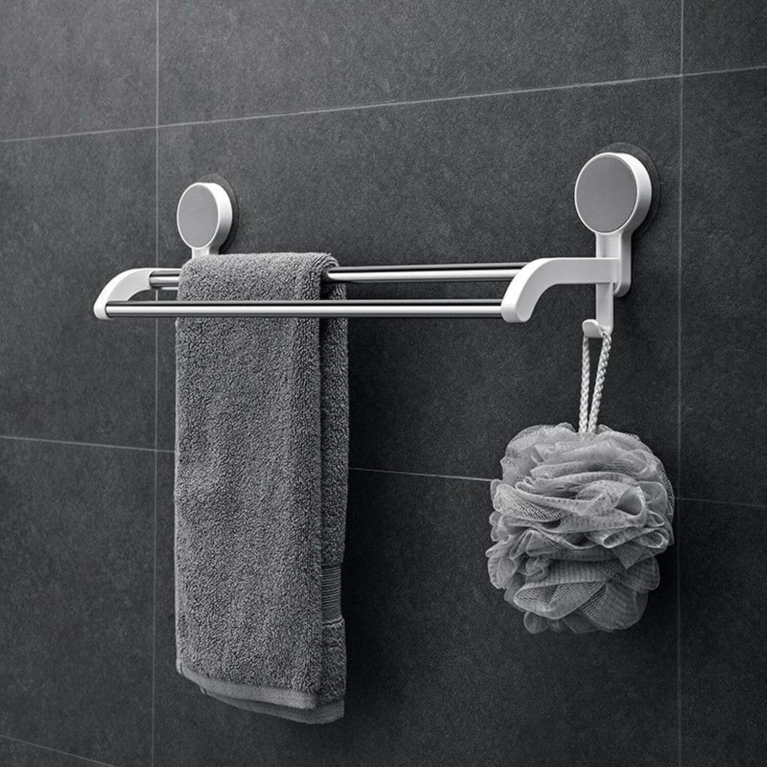 Wall Mounted Double Towel Bar with Utility Hook Rustproof Aluminum Towel Holder White And Silver Towel Holder-image-23