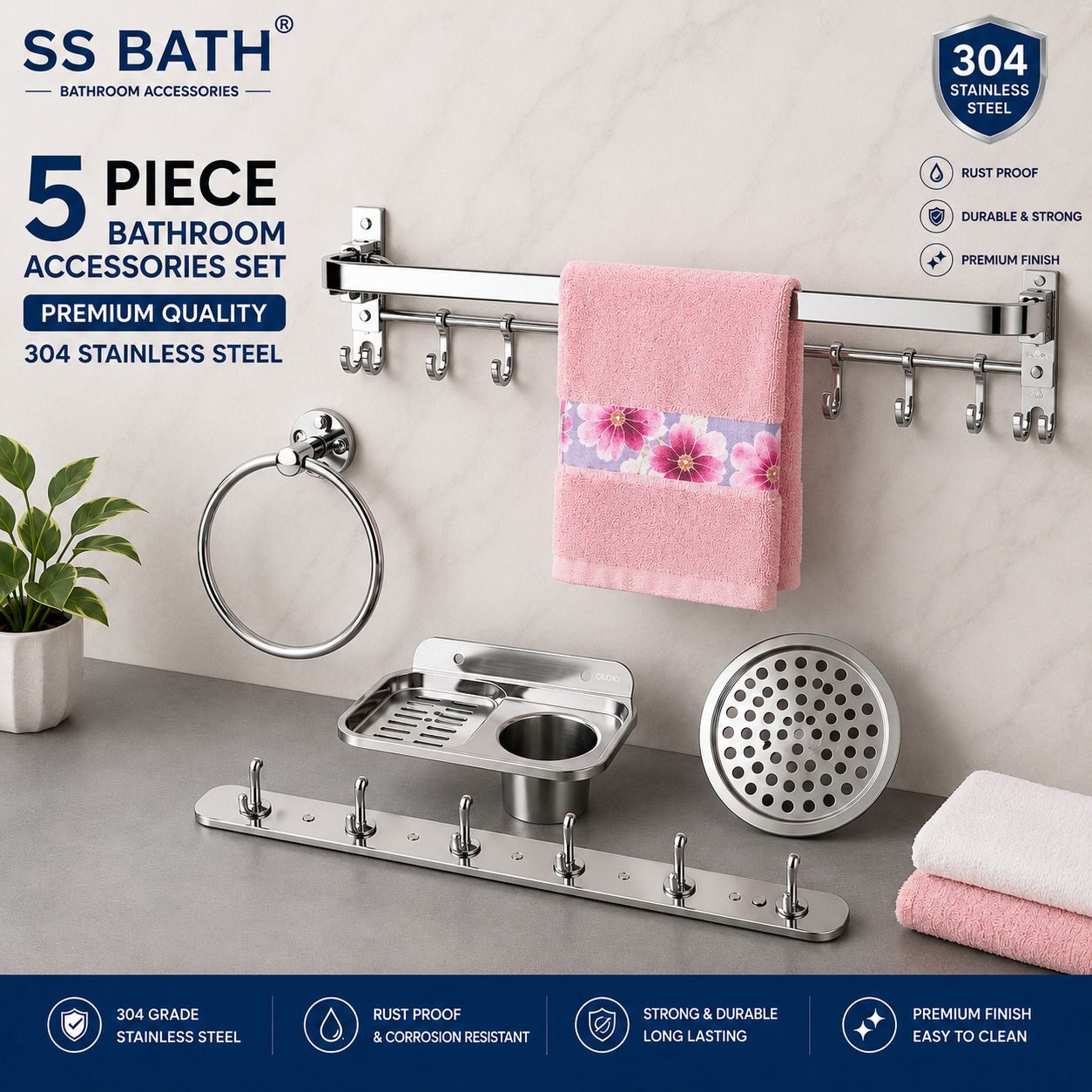 5Set COMBO BATHROOM SET 304 SILVER Towel Holder-image-3