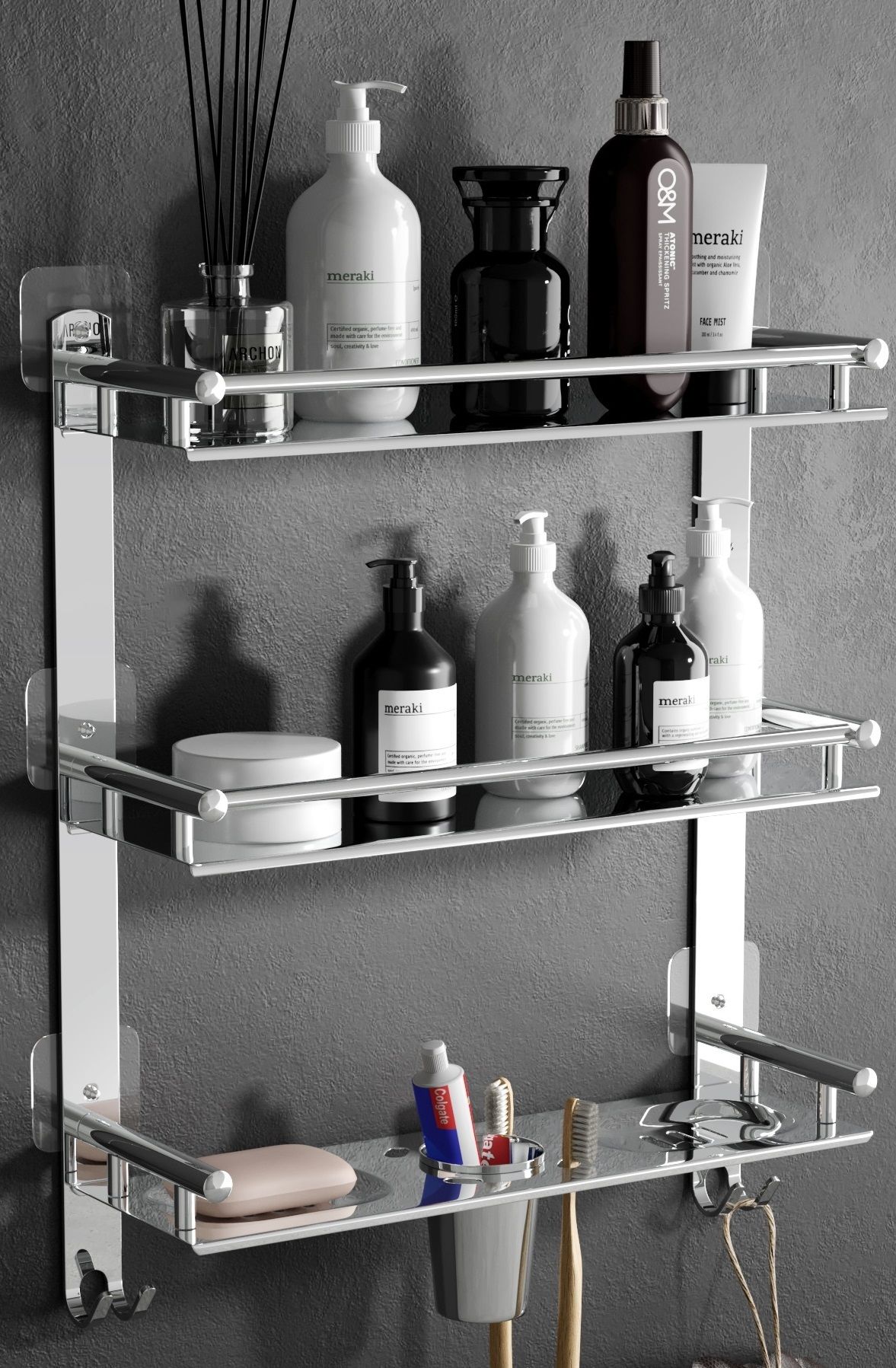 3 in 1 Multipurpose Bathroom Shelf/Rack/Hanger Silver Towel Holder
