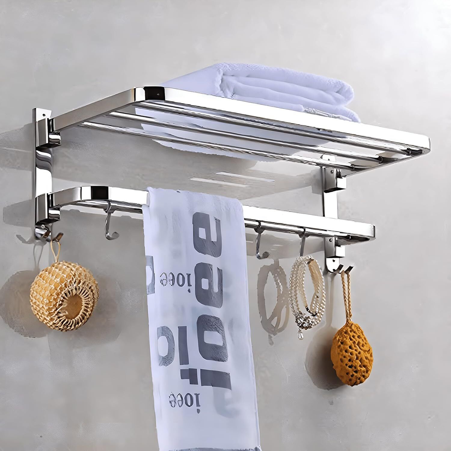 das Stainless Steel Double Layer Wall Mounted Towel Rack with Shelf & 6 Hooks | SILVER Towel Holder-picture-15