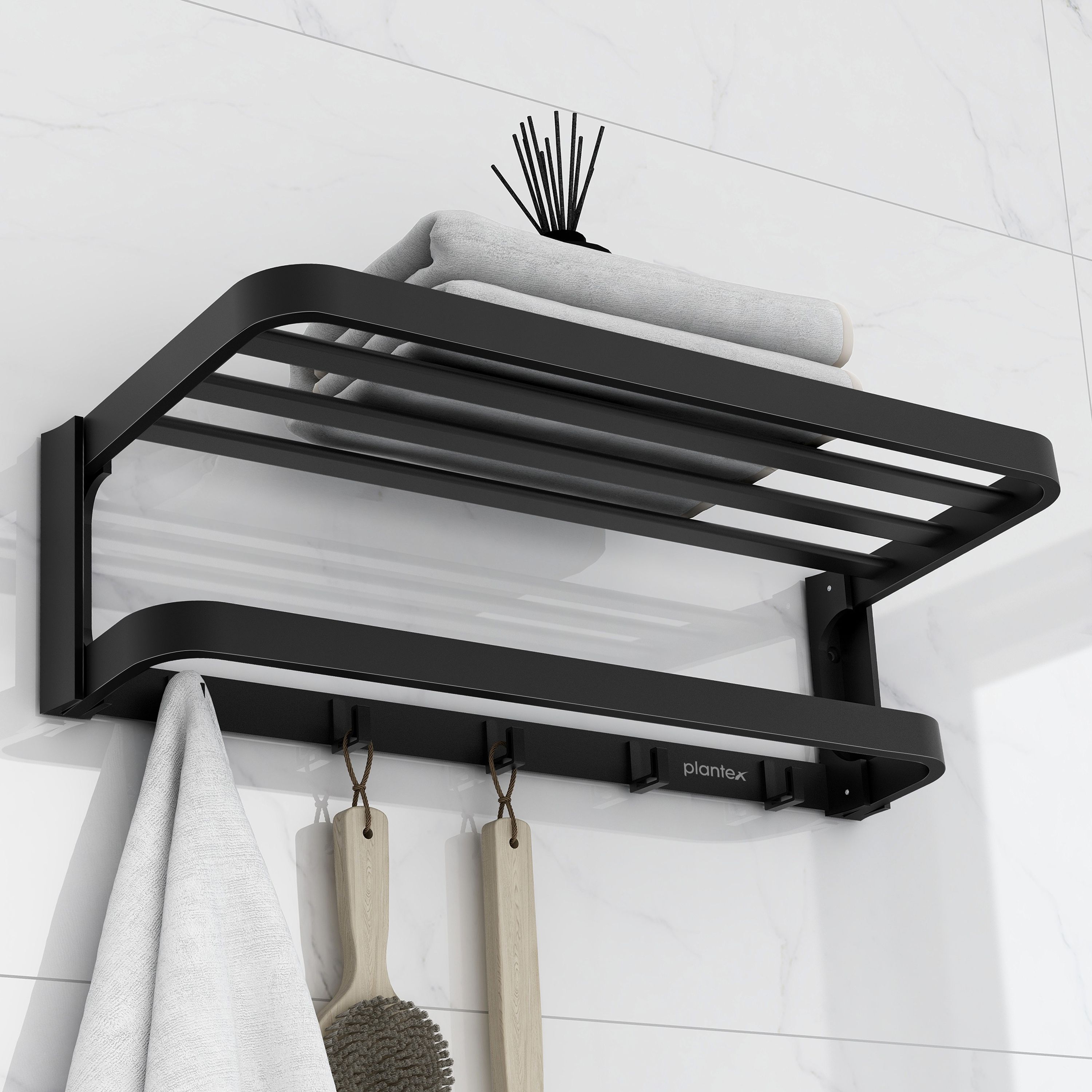 Folding Towel Rack with Towel Rod & Hooks for Bathroom/24 Inch Towel Hanger Black Towel Holder-image-3