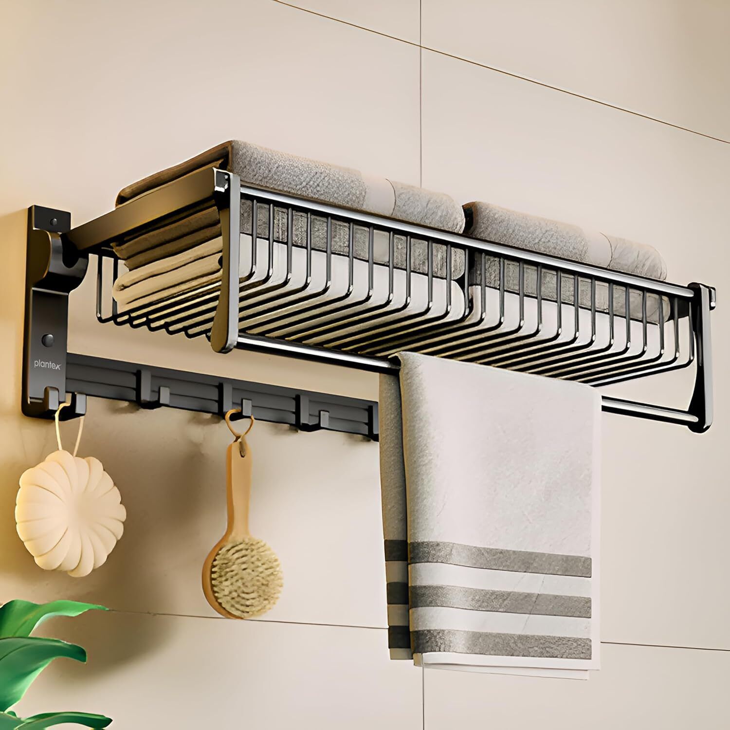 Aluminum Folding Towel Holder Rack for Bathroom, Rod with Hooks and Accessories Black Towel Holder-image-49