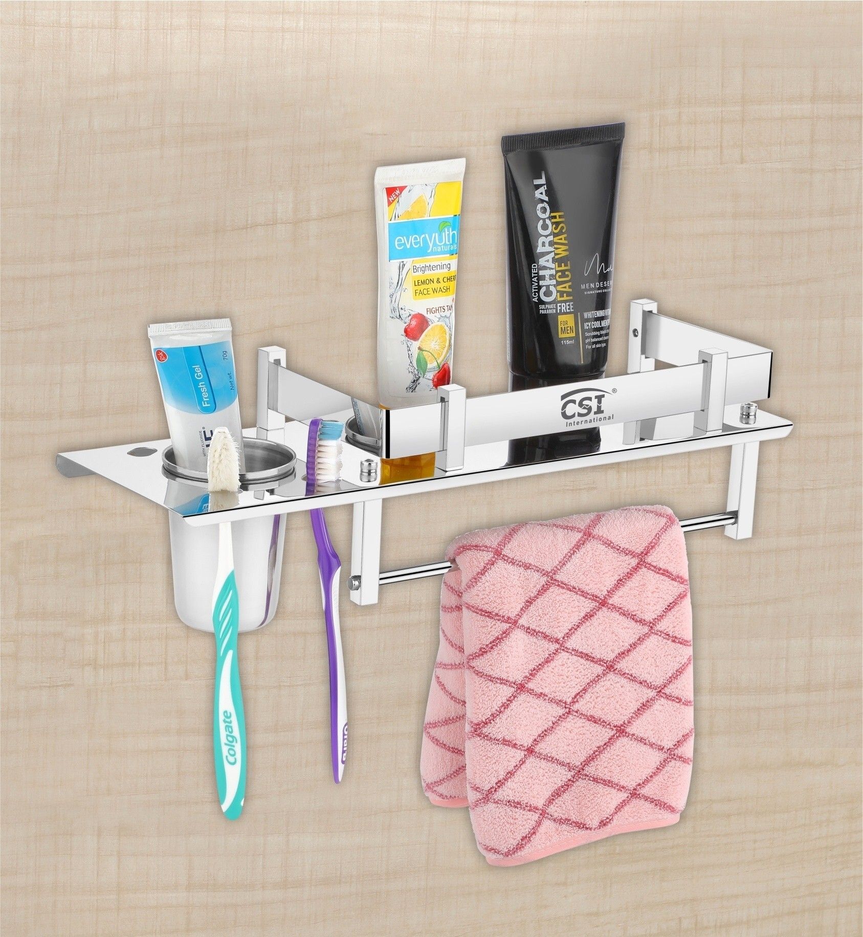 Stainless Steel 3 in 1 Multipurpose Bathroom Shelf/Rack/Towel Hanger/Tumbler Holder/Chrome finish Bathroom Accessories (15 x 6 Inches) - Pack of 1 Silver Towel Silver Towel Holder-image-49