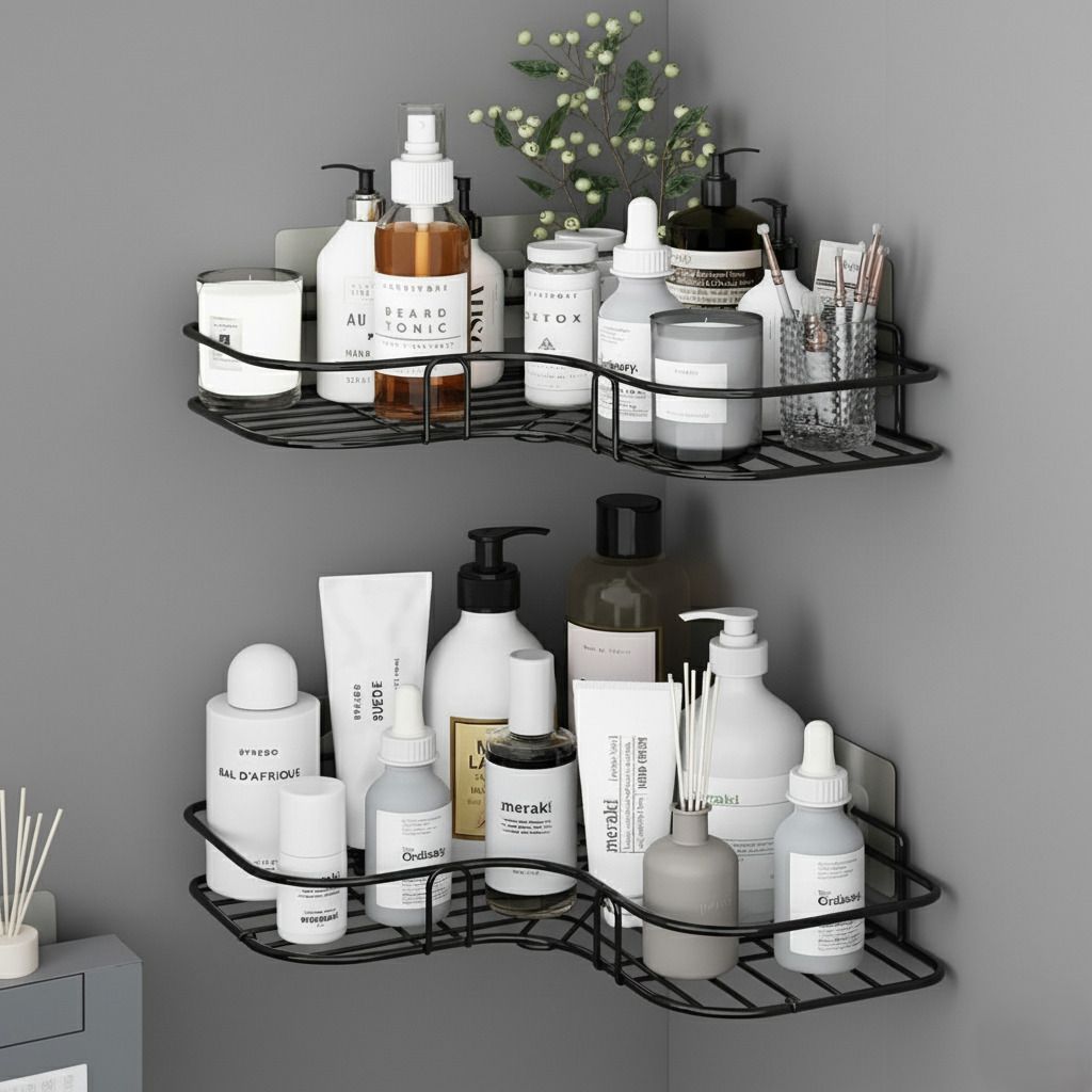 grivan Self Adhesive Corner Shelf | Wall Mounted Bathroom & Kitchen Rack With Sticker 15.2 inch 0 Bar Towel Rod-picture-17