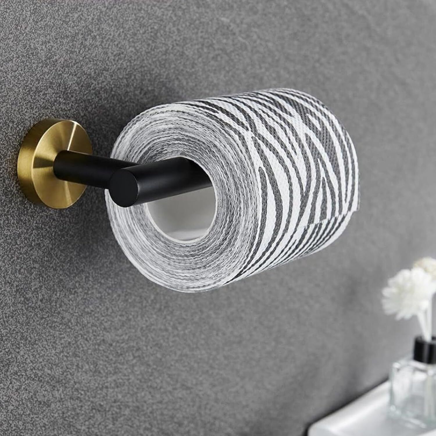 Toilet Paper Roll Holder for Bathroom, Kitchen Tissue Roll Stand, Black and Gold Towel Holder-image-2