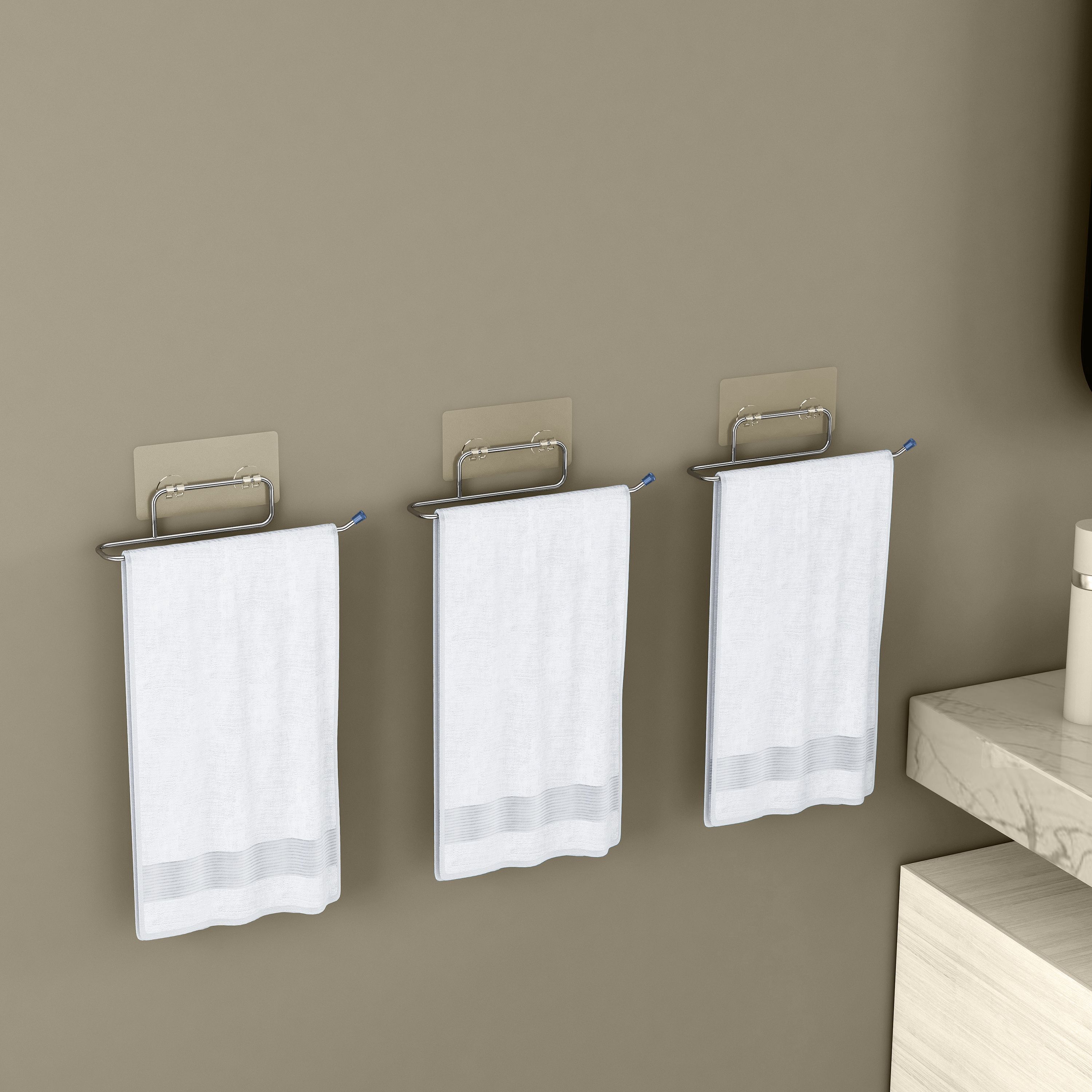 Self Adhesive Towel Holder/Towel Hanger/Towel Ring for Bathroom-Pack of 3 Silver - Chrome Towel Holder-image-12