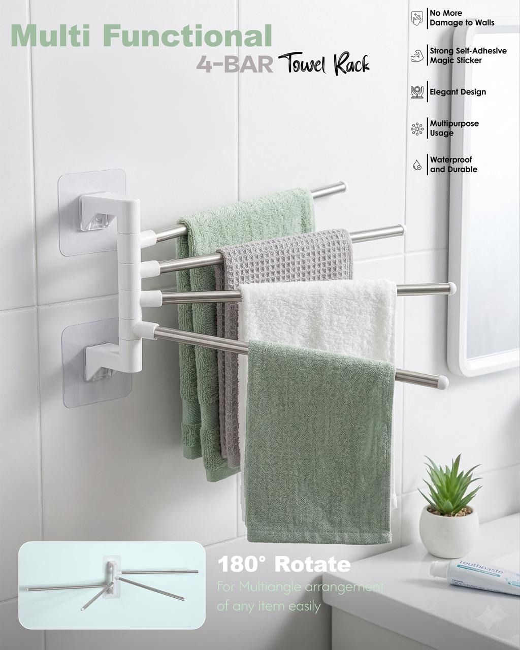 4 Bar Towel Holder For Bathroom & Kitchen Multicolor Towel Holder-image-29