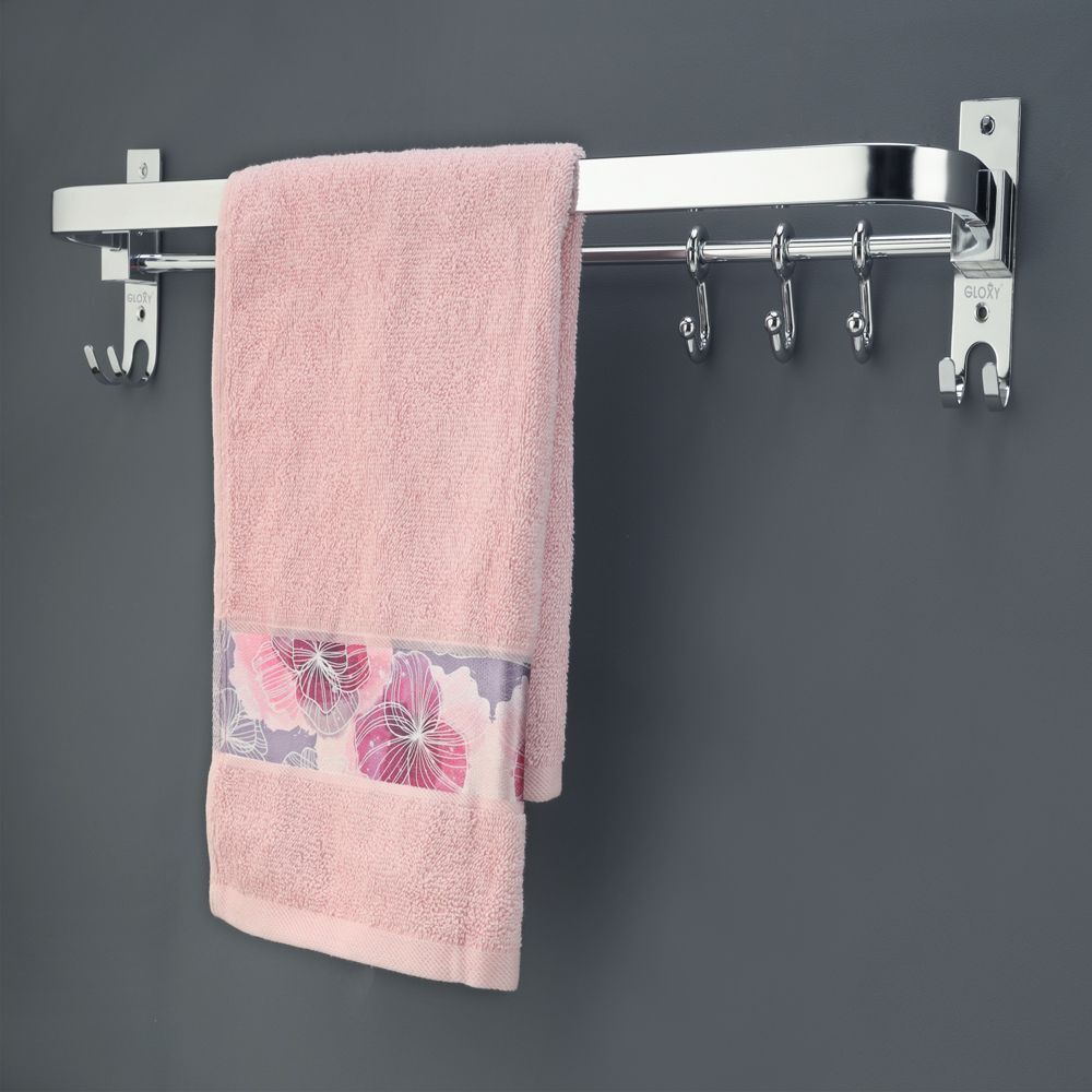 Premium Foldable Towel Rod | Holder | Hanger | Shelf With Hooks And Hanger Silver Towel Holder-image-22