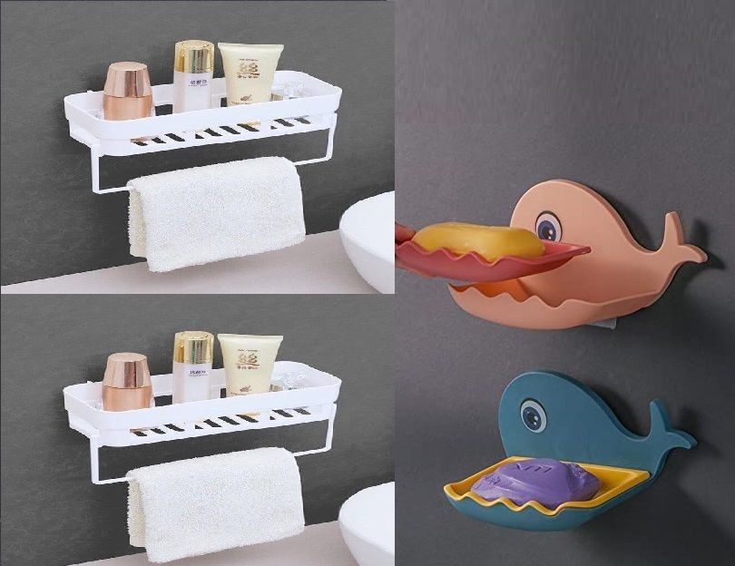 Abs Plastic Bathroom Towel Bar With Fish Soap Dish Self Adhesive Stickers Multi Towel Holder-image-36